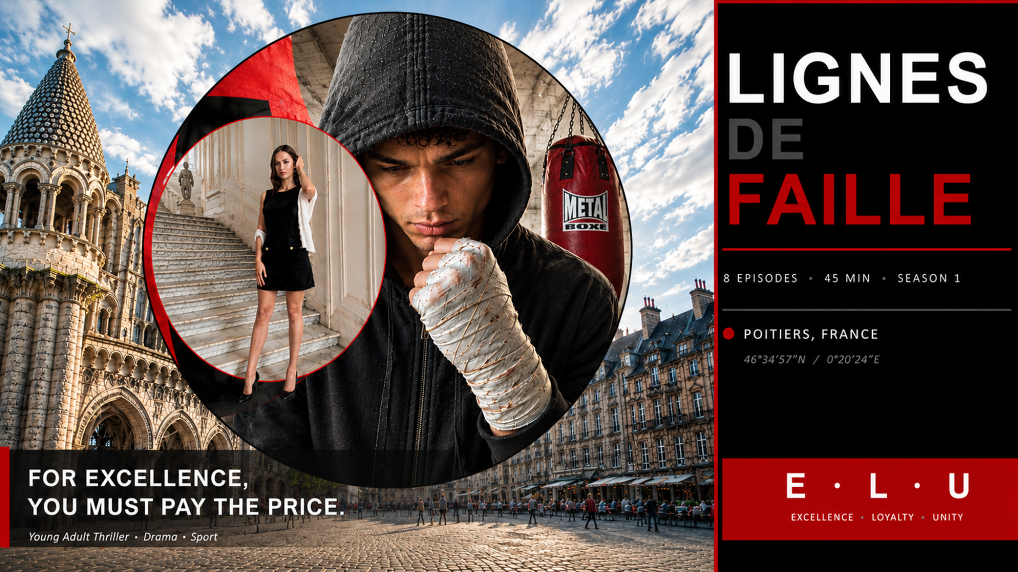 Visuel de développement de Lignes de Faille : un boxeur, une jeune femme et la ville de Poitiers.